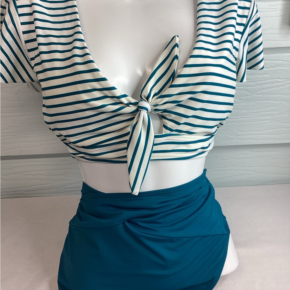 Striped Tie-Front Crop Top and Skirt Set 1